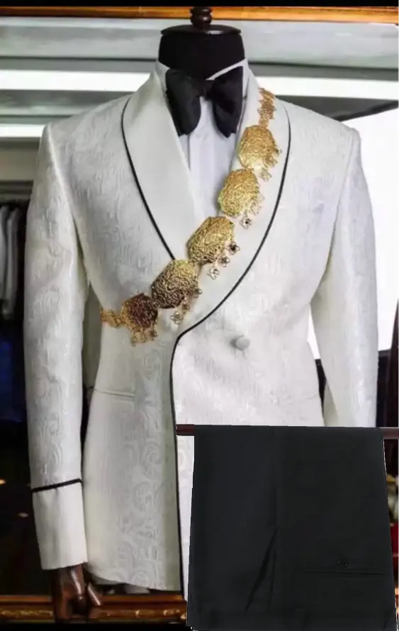 Latest Coat Pant Designs 2021 White Jacquard Men Suit Blazer Pant Prom Party Slim Fit Double Breasted Suit Wedding Suits For Men