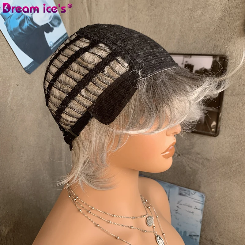 Короткие синтетические парики Омбре коричнево-серого цвета с челкой для женщин