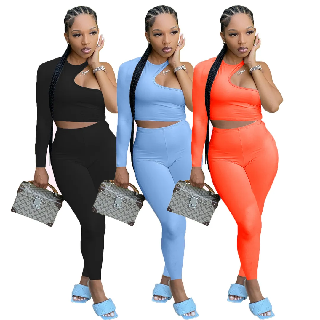 

35H86262 Autumn Women Casual Fashion Sexy Solid Skinny One Shoulder Two Piece Set Top and Pants Tracksuit Sweatsuit Outfits Hot
