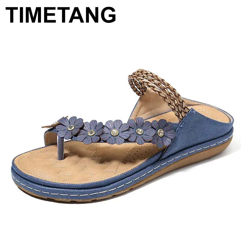 

TIMETANG 2020 summer flat sandals for women 3 colors flowers multicolor sandals PU leather retro floral thongs women slipper