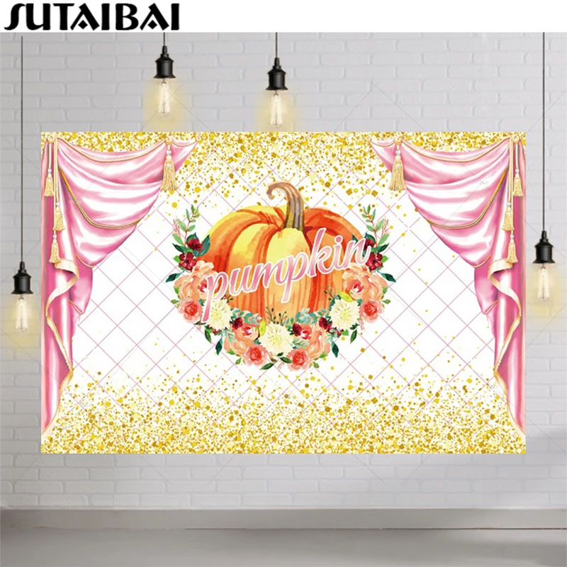 

Watercolor Flowers Big Pumpkin Golden Dots Backdrop Adult Kids Party Decoration Poster Pink Curtain Photography Background Booth