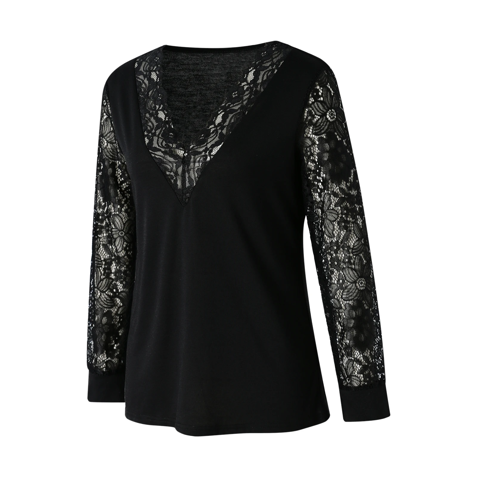 

2021 Fashion Women's Sexy Deep V Neck Tops Spring Casual Long Sleeve Lace Patchwork Solid Color Loose Shirt Basic Blouses Tops