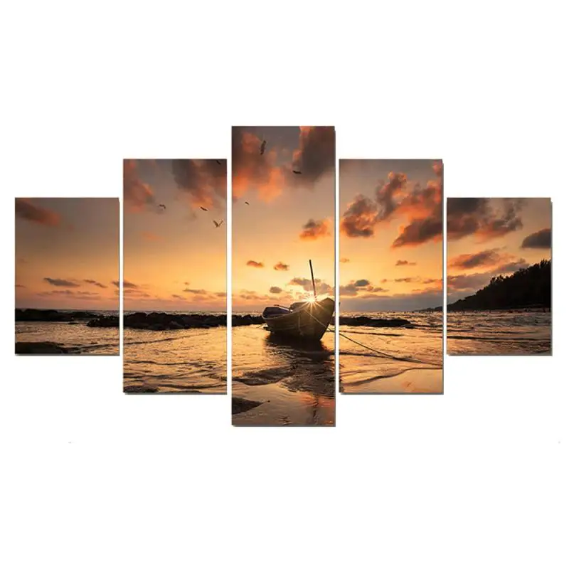 

5Pcs Canvas Painting Wall Art Boat Sunset Seascape Picture Modular Poster Modern HD Print Home Decor Living Room Bedside Mural