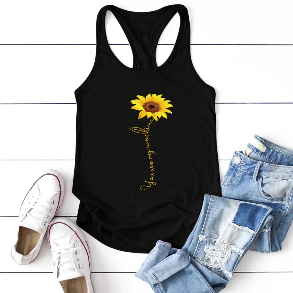 

Women Summer Female Tank Top Women Loose Harajuku Camiseta Tirantes Mujer Sunflower You Are My Sunshine Printed Tanks Tops