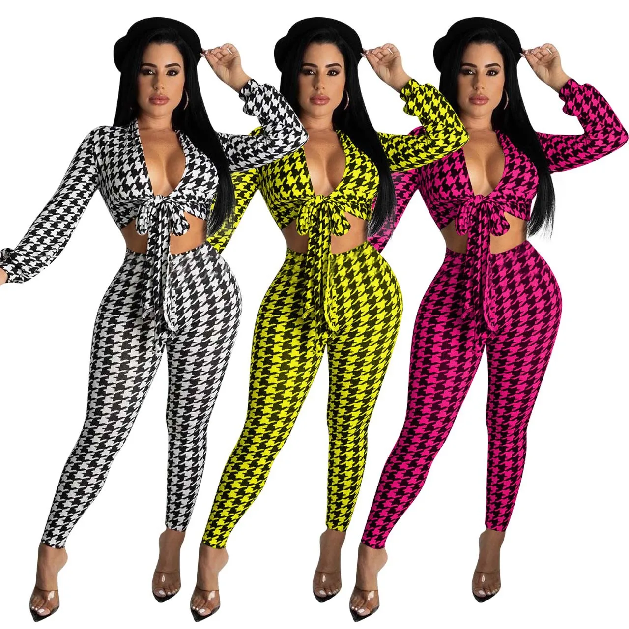 

Plaid Printed Lace Long Sleeve Crop Top Pencil Pants Suit Charming Skinny Outfit for Women Two Piece Set Casual Street Wear