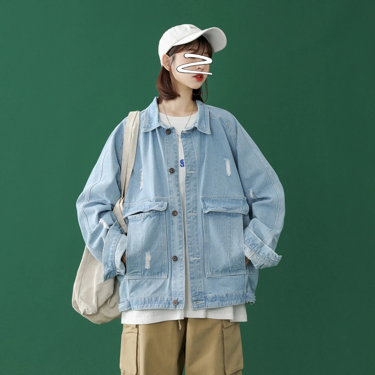 Женская джинсовая куртка с большими карманами Повседневная Свободная синяя