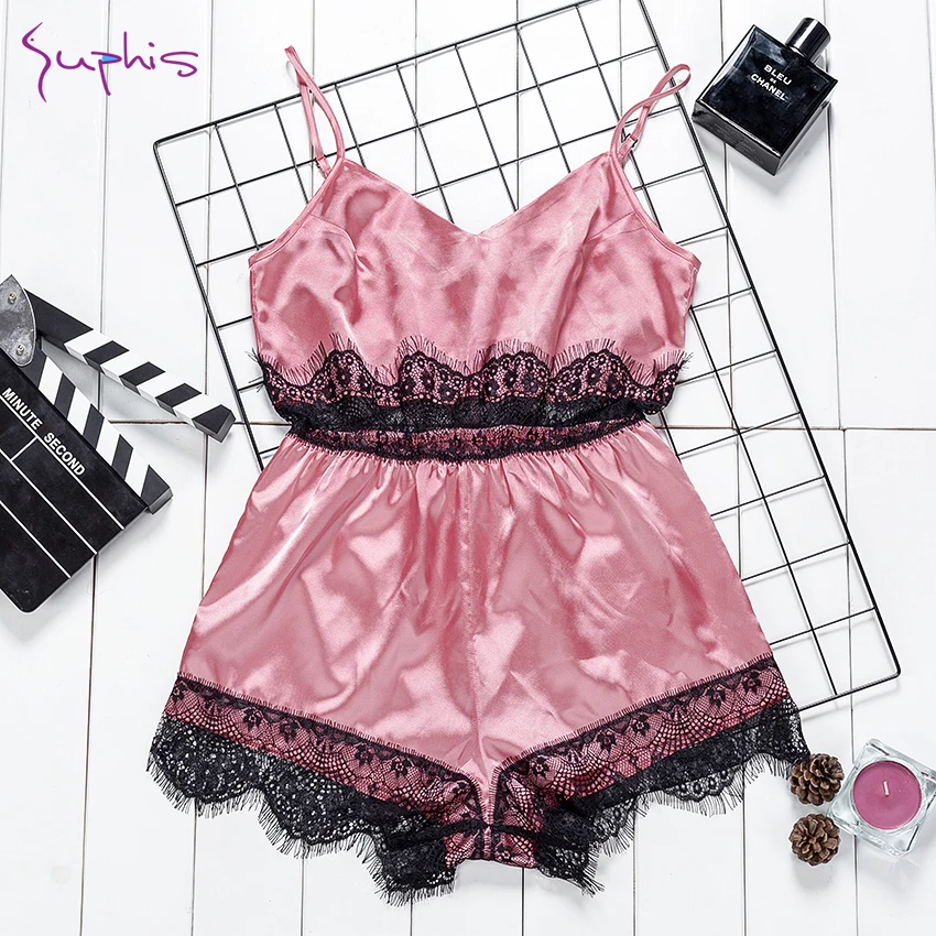 Женское шелковое боди с кружевной отделкой Suphis сексуальное розовое атласное
