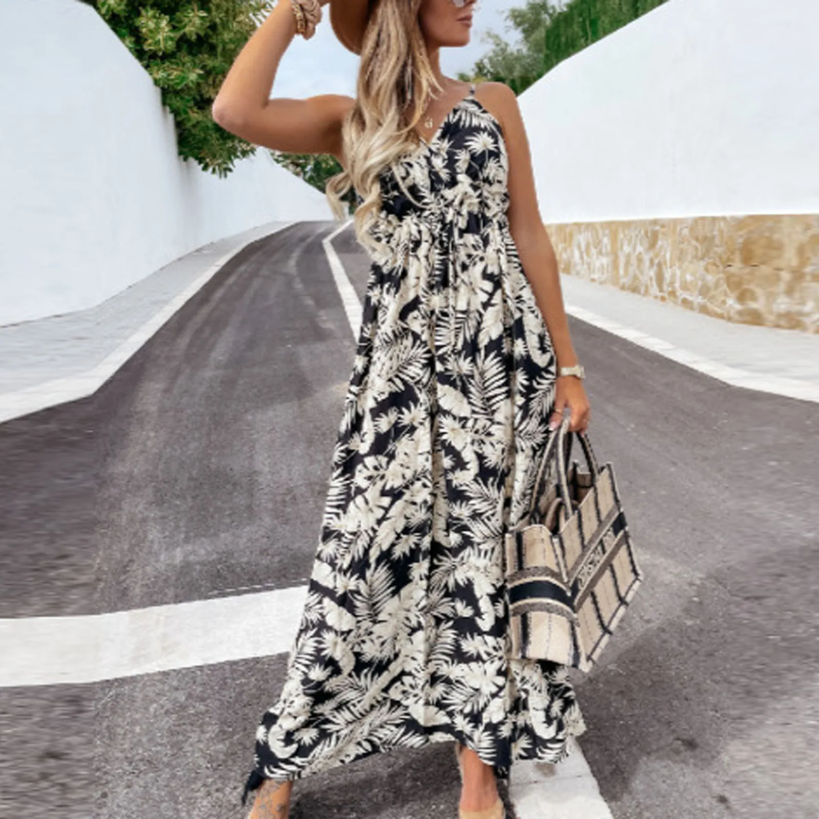 

Fashion Dress summer clothes for women V-Neck Casual Printing Loose Sleeveless Loose Long Dress robe grande taille femme Q6