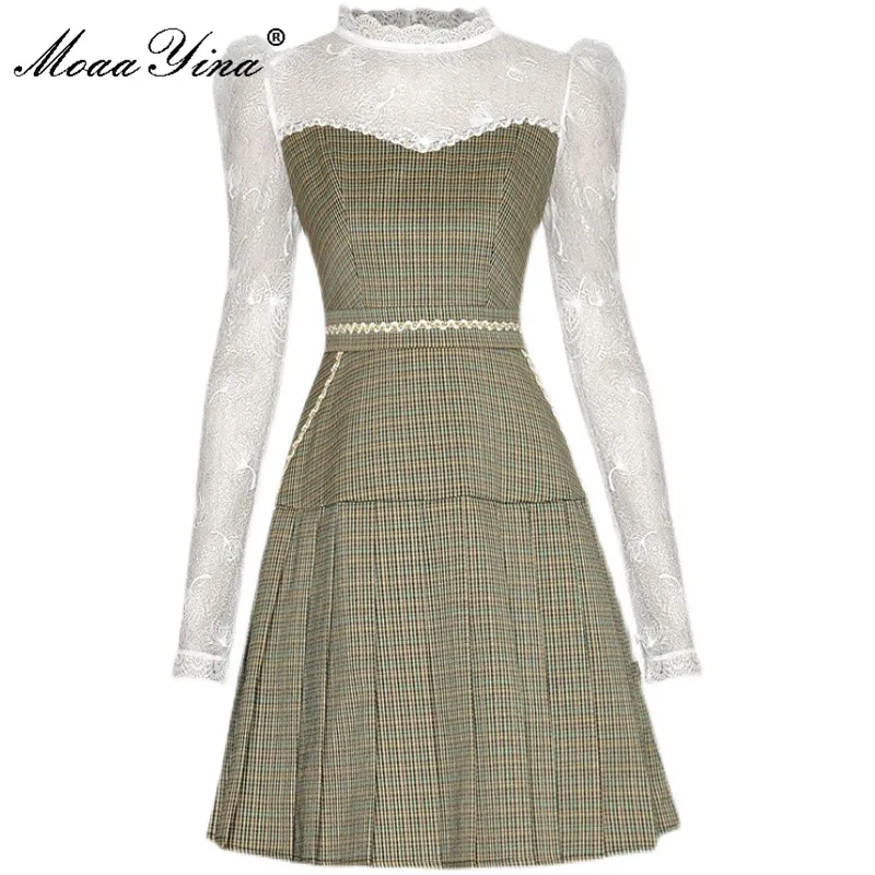 

MoaaYina Fashion Runway dress Spring Women's Dress Mesh Long sleeve splicing Houndstooth High waist Short pleated Dress