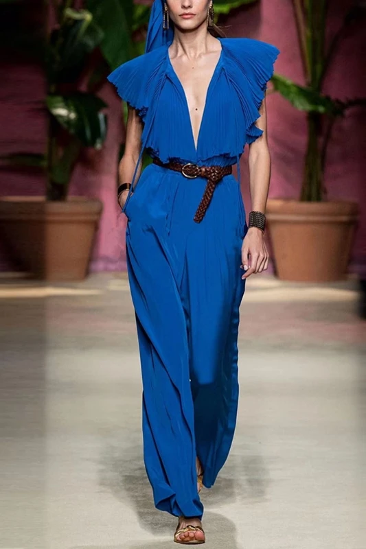 

JCHB 2021 High end women's wear summer fashion show pleated round neck slim blue wide leg pants Jumpsuit