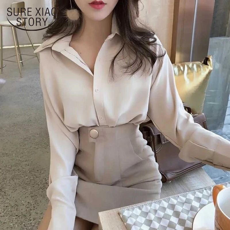 

2021 Spring Korean Clothing OL Style Loose Blouse Women Shirts Womens Tops and Blouses POLO Collar 2021 Long Sleeve Casual