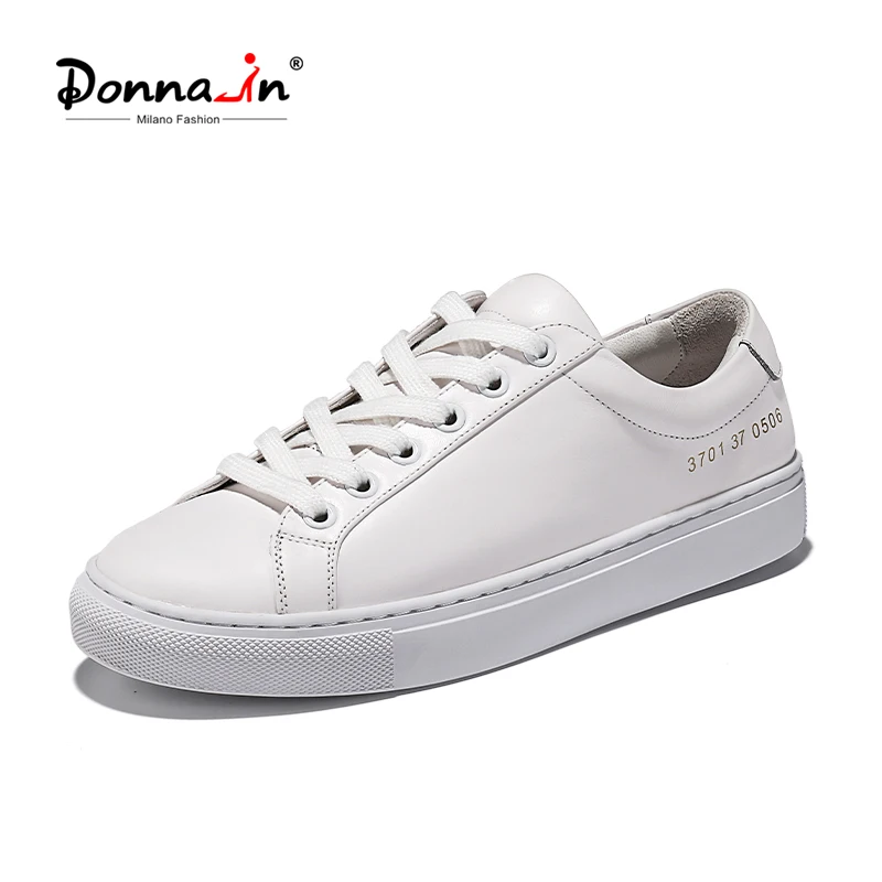 

Donna-in 2021 Spring Genuine Leather Women Shoes White Flat Lace Up Casual Sneakers Sheepskin Insole Female Shoe Autumn Footwear
