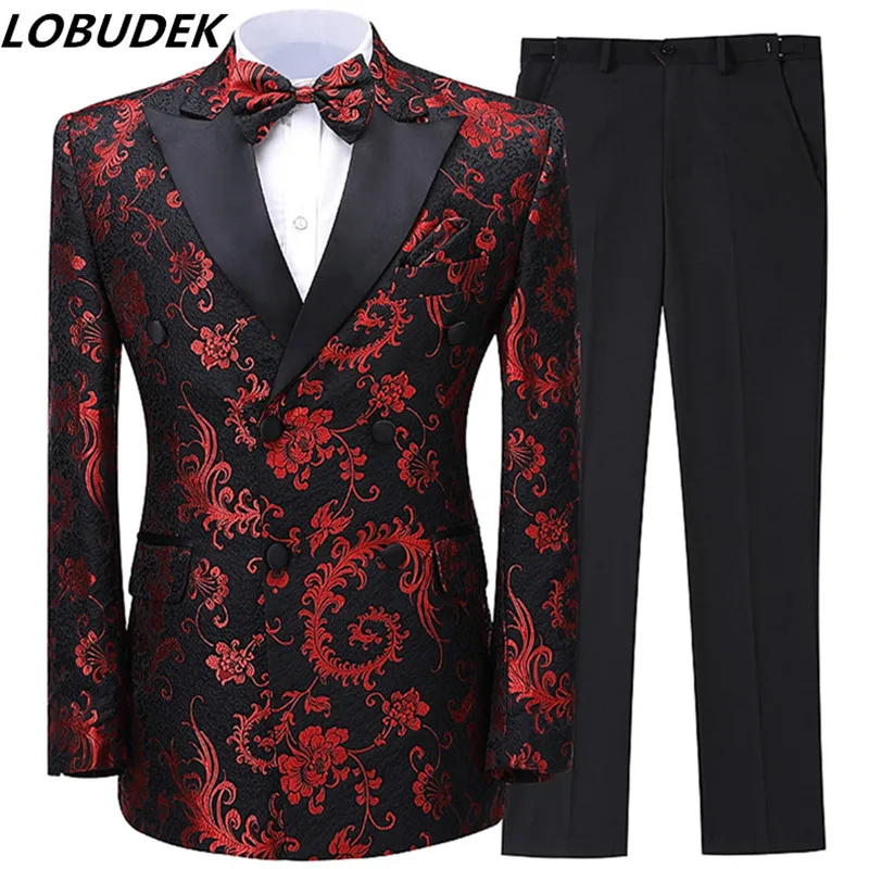 

England Style Jacquard Suit Wine Red Slim Fit Blazer Tuxedo 2-Piece Men Groom Wedding Dress Evening Prom Singer Host Stage Suits