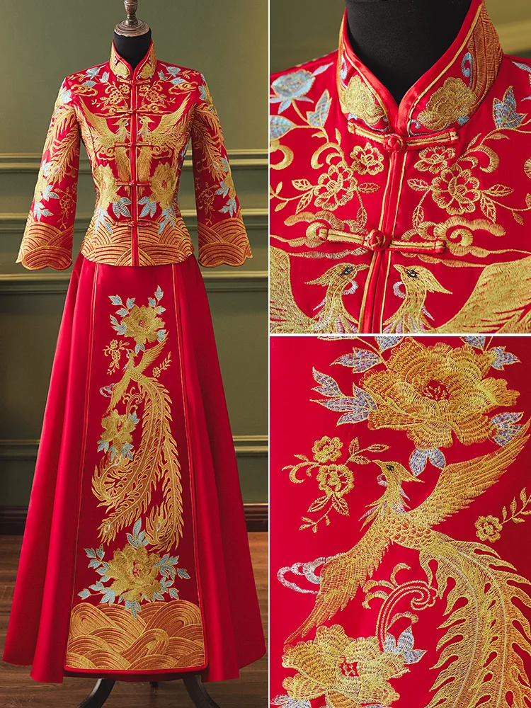 

FZSLCYIYI Ancient Women Wedding Dress Gold Line Embroidery Phoenix Floral Chinese Bride Marriage Cheongsam Suit Classic Qipao