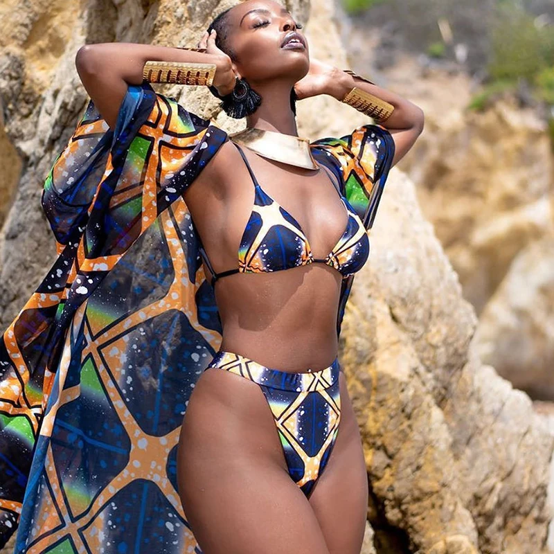 Женский комплект бикини с этническим принтом купальный костюм высокой талией и