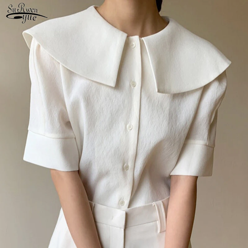 

Блузка женская с коротким рукавом, повседневная винтажная рубашка с отложным воротником, Офисная на пуговицах, Белый Топ, лето 14383