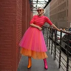 Женская Двухслойная юбка из фатина, разноцветная эластичная юбка-трапеция из фатина в несколько рядов, цвет фуксия и оранжевый