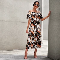 explosions european american women fashion loose dress short sleeve shoulder print with black floral background strawberry dress