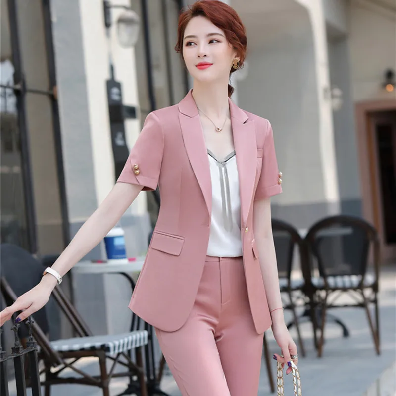 

Spring Summer 2021 Women Fashion Suit Pants Elegant Slim Oversize Pink Office Two Piece Ladies Korean Fashion Suit Blazer Female