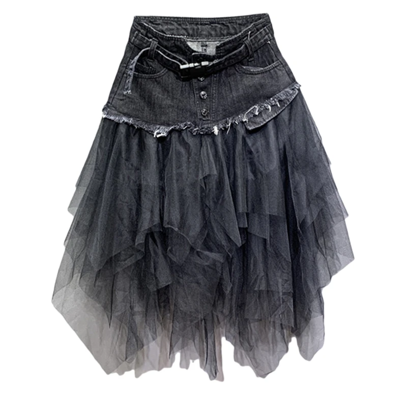 

Womens Denim Tulle Skirts Womens Asymmetrical Mesh Patchwork Pocket Empire Pleated Midi Skirt Tassel Streetwear Short Jean Skirt