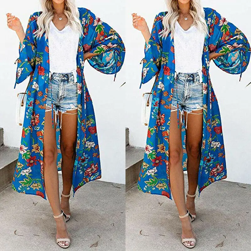 Модное женское длинное кимоно в стиле бохо кардиган накидка на бикини топ пальто