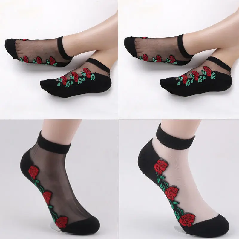 

2020 Sexy Women Flower Socks Lace 3 Rose Embroidery Fashion Sock Women Elastic Crystal Silk Low Cut Ankle High Socks New