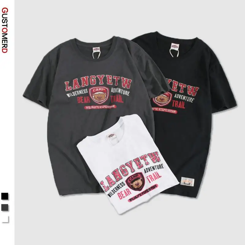 

Мужская футболка из 100% хлопка GUSTOMERD, с принтом медведя, в стиле Харадзюку, в Корейском стиле, свободная, высококачественная, уличная одежда