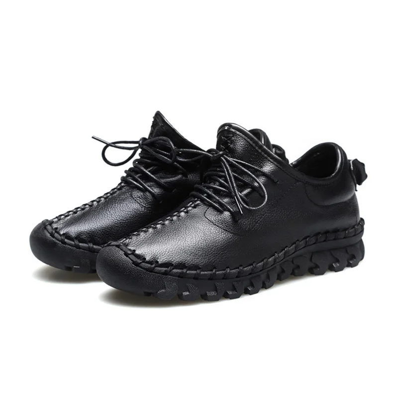 

Handmade Genuine Leather Women Platform Shoes Fashion Casual Retro Flats Ladies Lacing Loafers Breathable Vulcanized Shoe Red 40