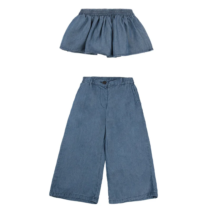 

Kid Girls Clothes Sets Wide Legged Trousers 2021 Summer Children Clothing Casual Kids Baby Strapless Denim Tops Long Pants Sets