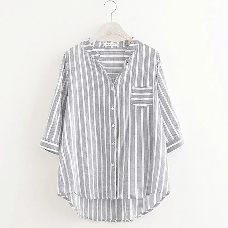 

Casual Women'S Blouses Half Sleeve Ladies Summer Gray Fashion All-Match New Elegant Plus Size Loose Autumn Stripe Printed New