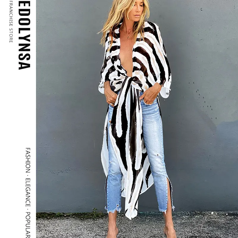 Бохо Сексуальная полосатая шифоновая блузка размера плюс кимоно женское