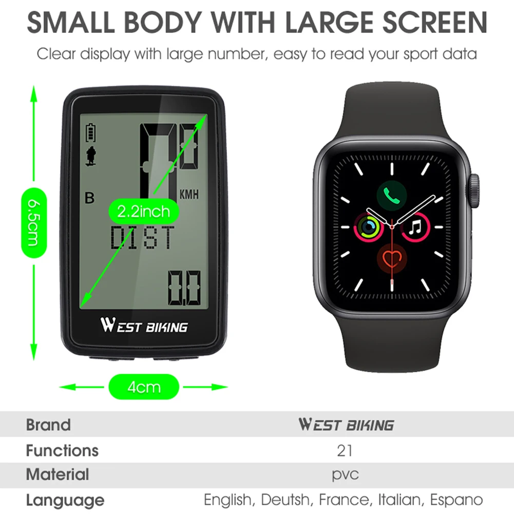 

WEST BIKING Waterproof Bicycle Computer Wireless 5 Language Cycling LED Digital Rate Stopwatch Speedometer 2.1in Bike Computer