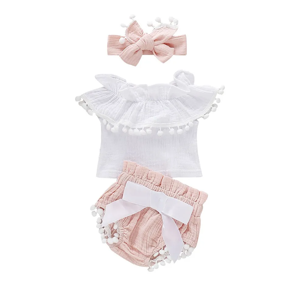 

0-24M Baby Summer Clothes Set New Born Romper for Infant Girl Newborn Muslin Clothes Vest Tops Shorts Baby Headband 3 Pcs Outfit