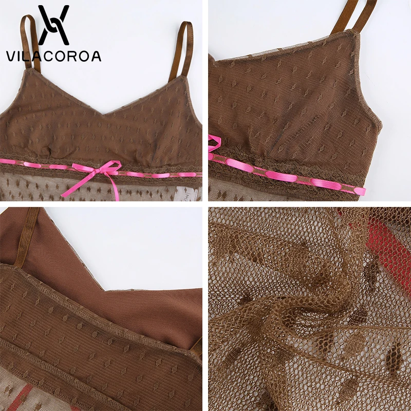 

Spaghetti Strap Y2K Lace Stitching Camis Women Bow Perspective Ruffle Slim Cropped Tops High Street Cinema Female Top Vest