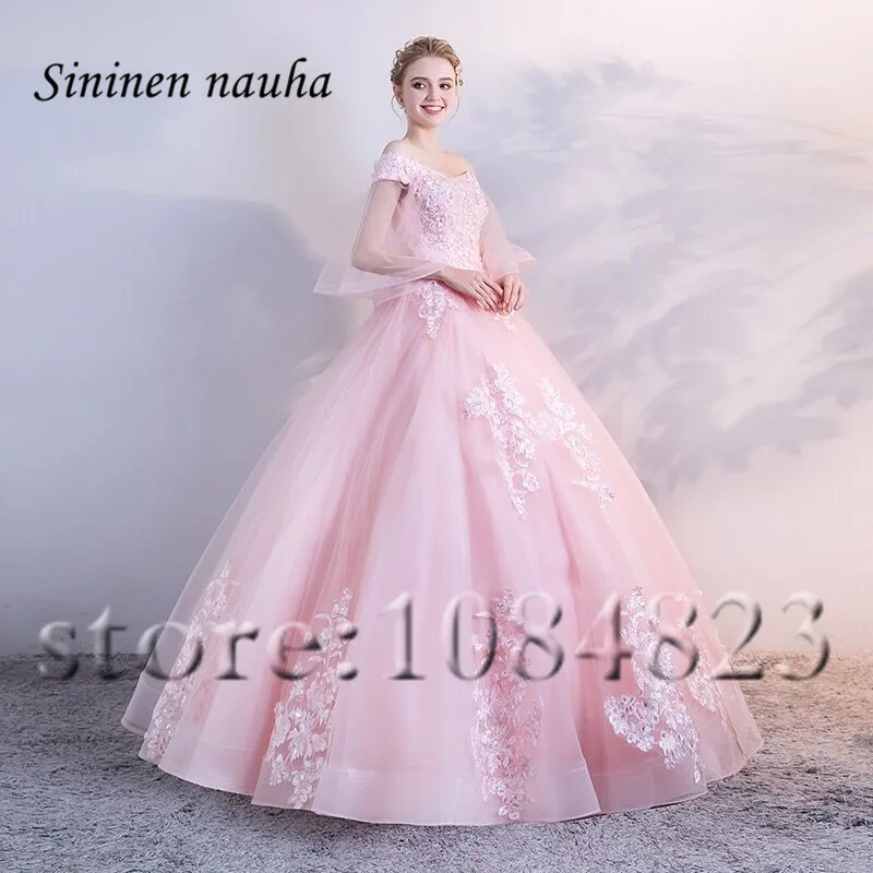 Розовое платье Quinceanera с открытыми плечами и рукавами аппликацией бальное размера