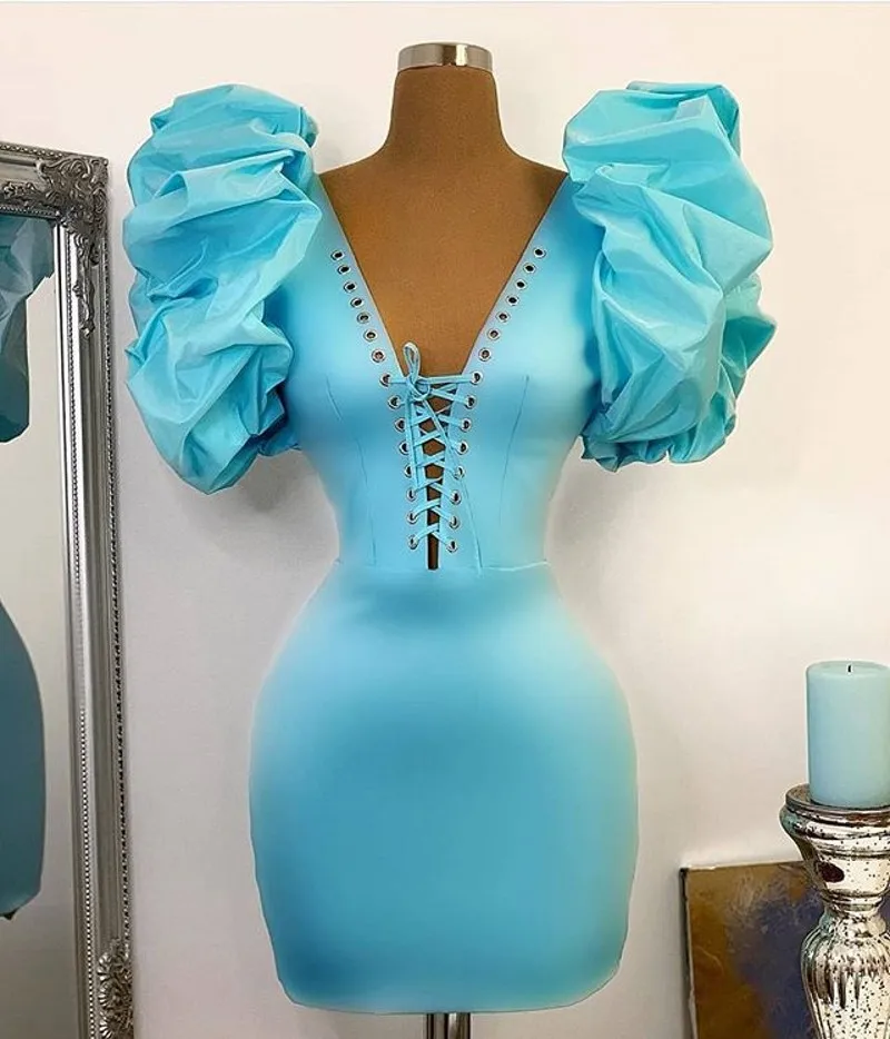 

Fashion Blue Short Prom Dresses 2020 Ruffle Sleeves Satin Mini Party Dresses Prom Gowns
