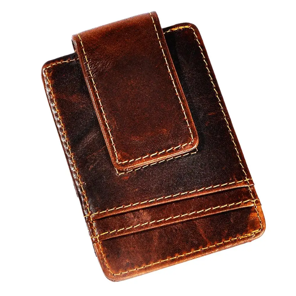 

Genuine Leather Coffee Magnetic Money Clip Gift Wallet Card Holder Case Design Handy Front Pocket Wallet Mini Purse Male 1058