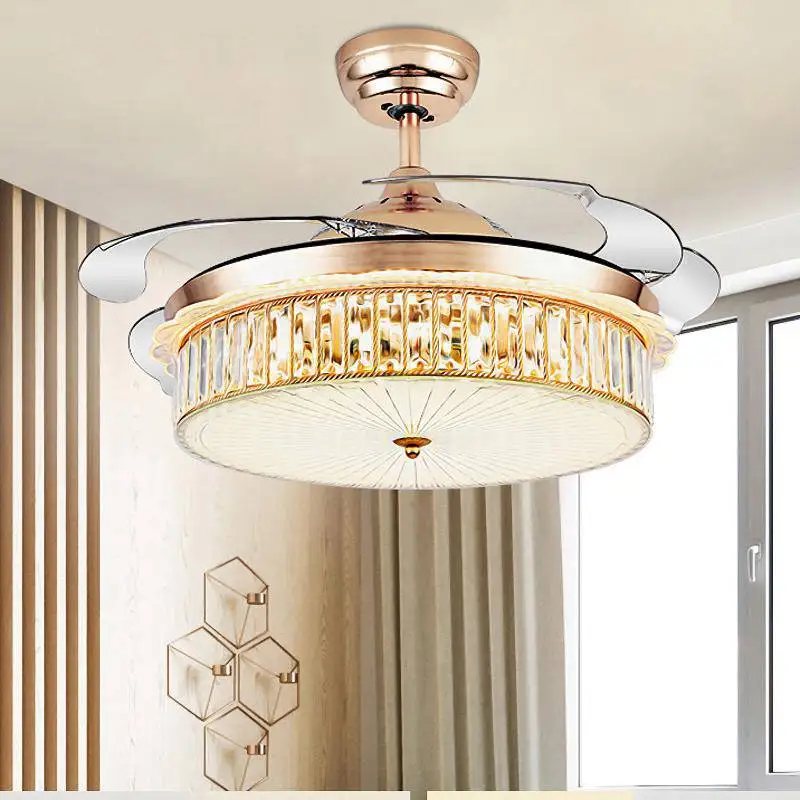

42" Led Gold Ceiling Fans Light With Remote Control Modern Retractable Blade Ceiling Fan for Living Room Bedroom Restaurant