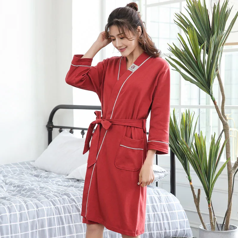 Spring Couple's Nightgown Pure Cotton Medium Length Nightgown Women and Men Comfortable Cotton Korean Bathrobe Japanese Bathrobe