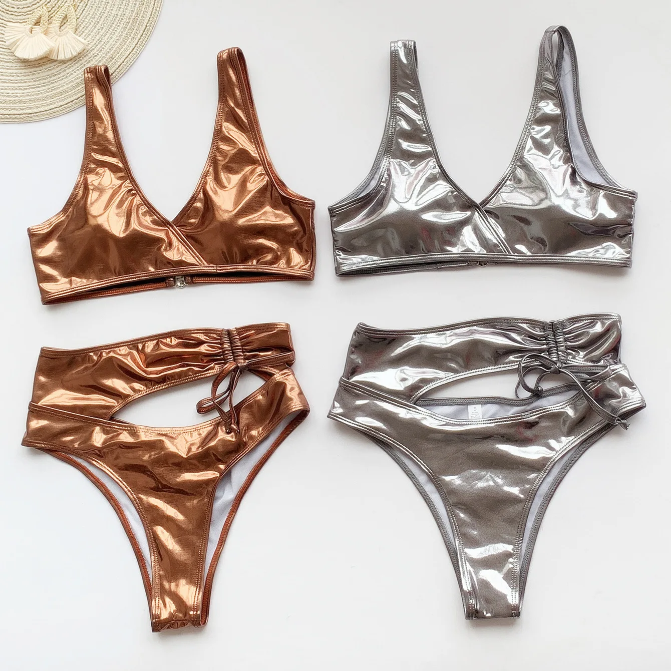 

Sexy Silver Golden Bikinis Women Push Up Bikini Set Swimwear Cut Out String Bandage High Waist Bathing Suit Bodysuit Beach Wear