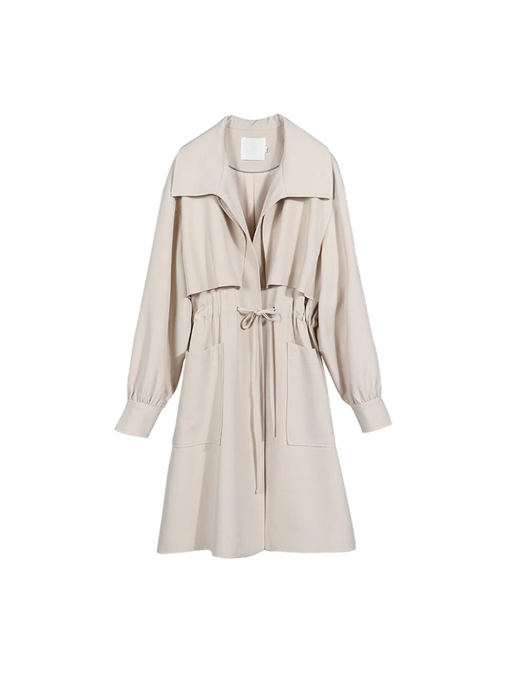 

2021 New Women's Trench Coat School Season Autumn Causal Drawstring Long Coats For Student Overcoat With Big Pocket