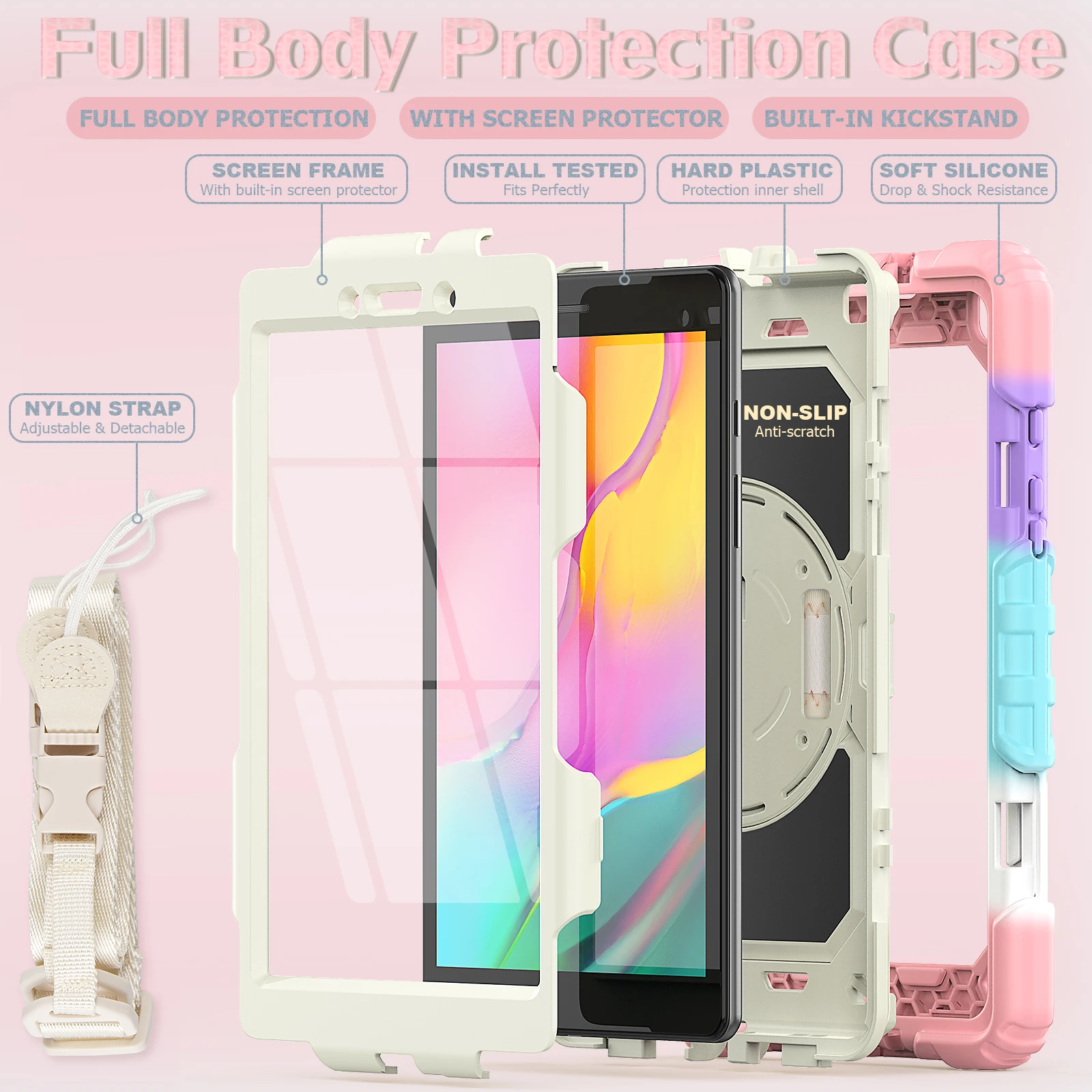 

Kids Case for Samsung Galaxy Tab A 8.0 2019 SM-T290 SM-T295 Tough Rugged Armor 360Rotating Shouder Hand Strap Kickstand Cover