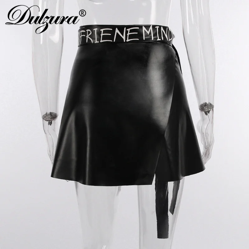 

Dulzura 2021 Autumn Winter Women Irregular Patchwork Faux Leather Mini Skirt Letter Print Belt Lace Up Fashion Bottoms