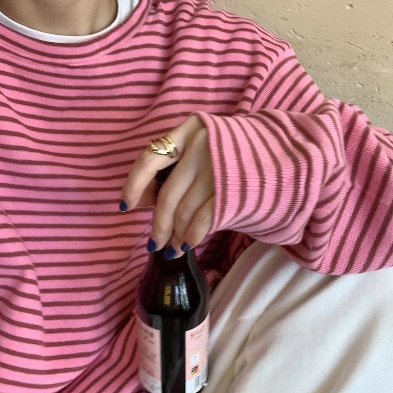 

No Hat Hoodies Couples Oversize Striped Sweet Casual O-neck Sweatshirt Spring Female Ulzzang Ins Chic All-match Simple Students