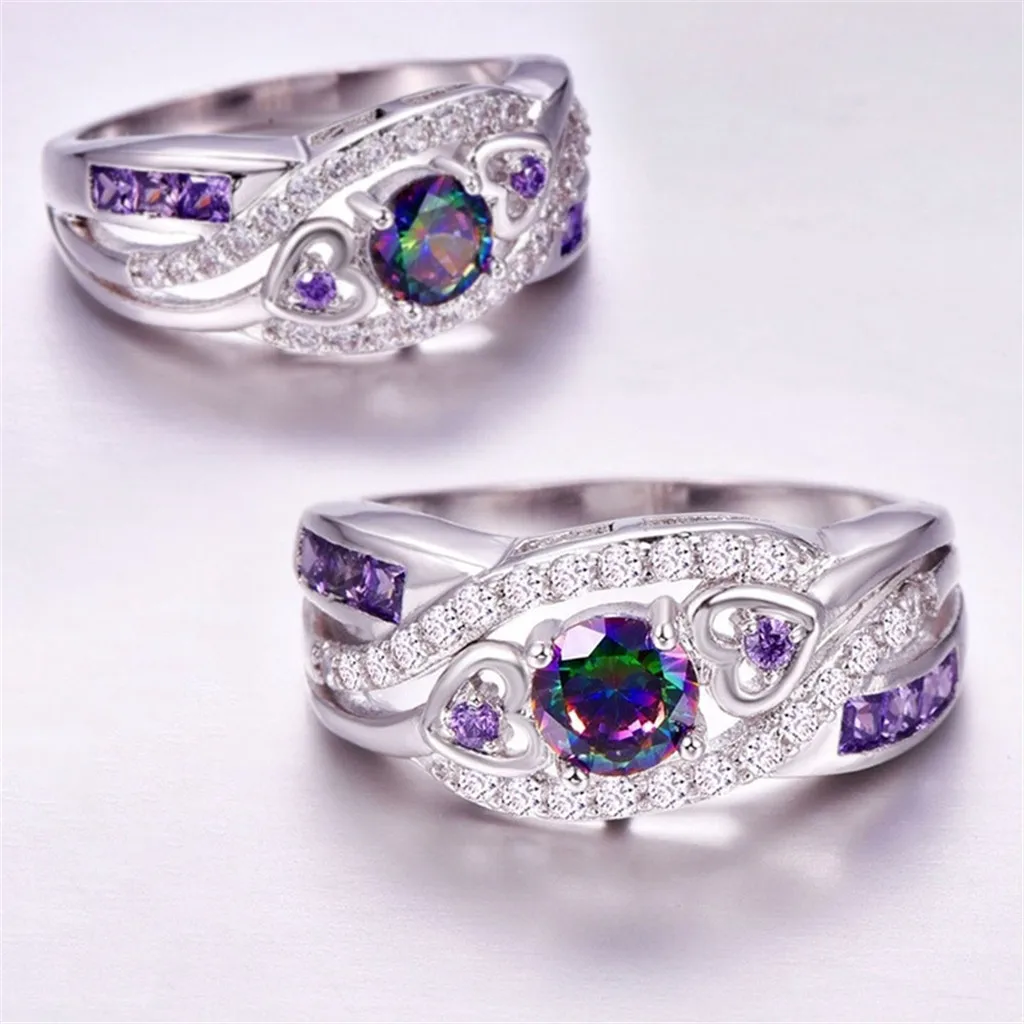 Разноцветное циркониевое покрытое серебром и кольцо с аметистом парные