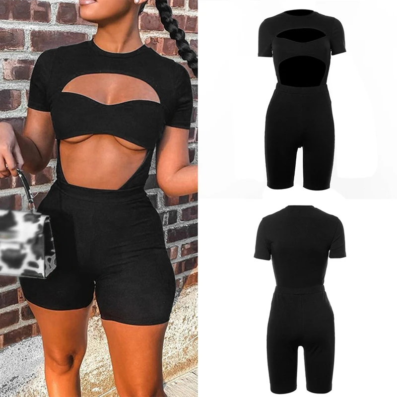 

Sexy Stacked Bodysuit Hollow Out Rompers Summer Clothes Shorts Overall 2 Piece Club Outfits