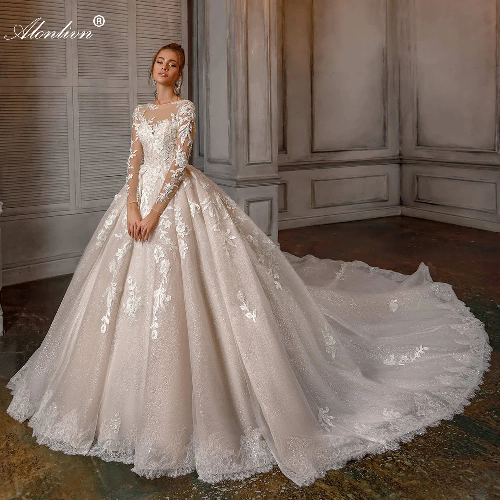 

Alonlivn Full Sleeve Classic Ball Gown Wedding Dress Scoop Neckline With Sparkle Skirt Lace Lustrous Satin Bridal Gowns