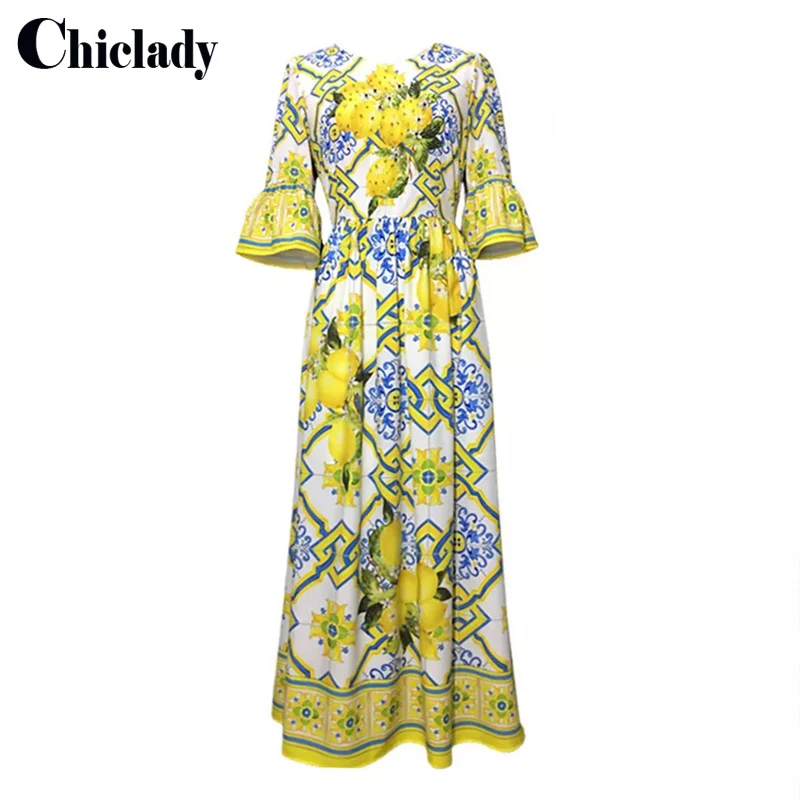 Женское платье макси с цветочным принтом CHICLADY желтое длинное расклешенными