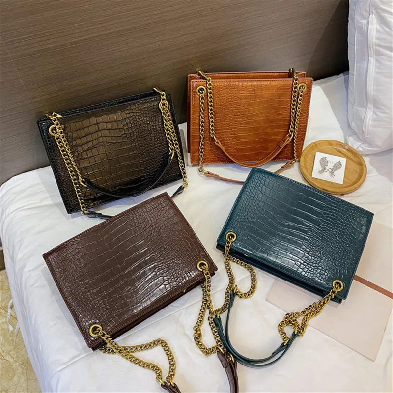 

Women Large Capacity Shoulder Bag Chain Female Crossbody Bag Square Youth High Quality Work Bag Crocodile Pattern PU Leather