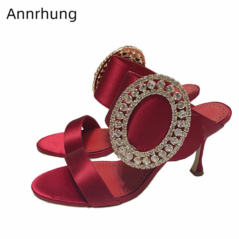 

Crystal Buckle Decor Slippers Luxury Satin High Heels Sexy One Strap Thin High Heels Dress Shoes Slingbacks Slides Party Shoes